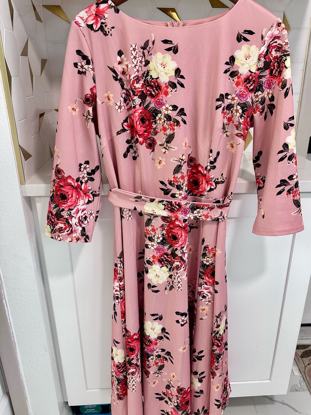 Pink Floral Belted Long-Sleeve Midi Dress